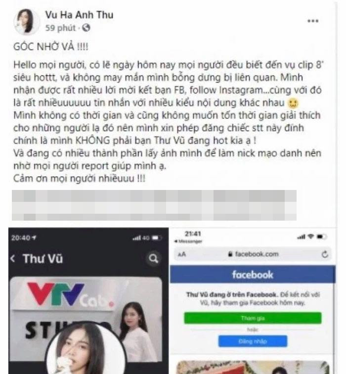 Tuy nhiên, một tài khoản facebook khác trùng tên với hot girl lộ clip "nóng" là của nữ MC VTV , cô nàng đã bị nhận nhầm và vô tình trở thành nhân vật để netizen vào công kích. Nữ MC sau đó đã đăng đàn thanh minh khi bản thân bị nghi nữ chính trong clip đang lan truyền.