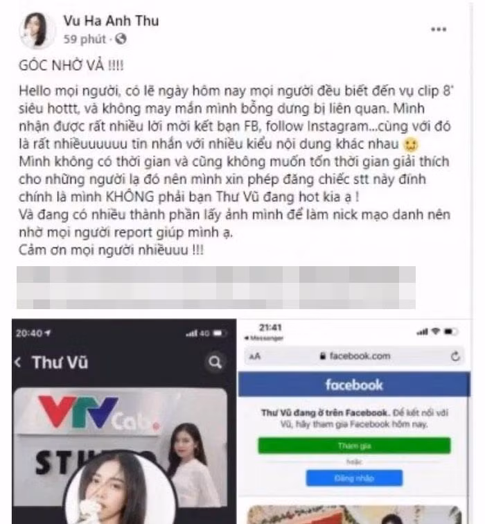 Tuy nhiên, một tài khoản facebook khác trùng tên với hot girl lộ clip "nóng" là của nữ MC VTV , cô nàng đã bị nhận nhầm và vô tình trở thành nhân vật để netizen vào công kích. Nữ MC sau đó đã đăng đàn thanh minh khi bản thân bị nghi nữ chính trong clip đang lan truyền.