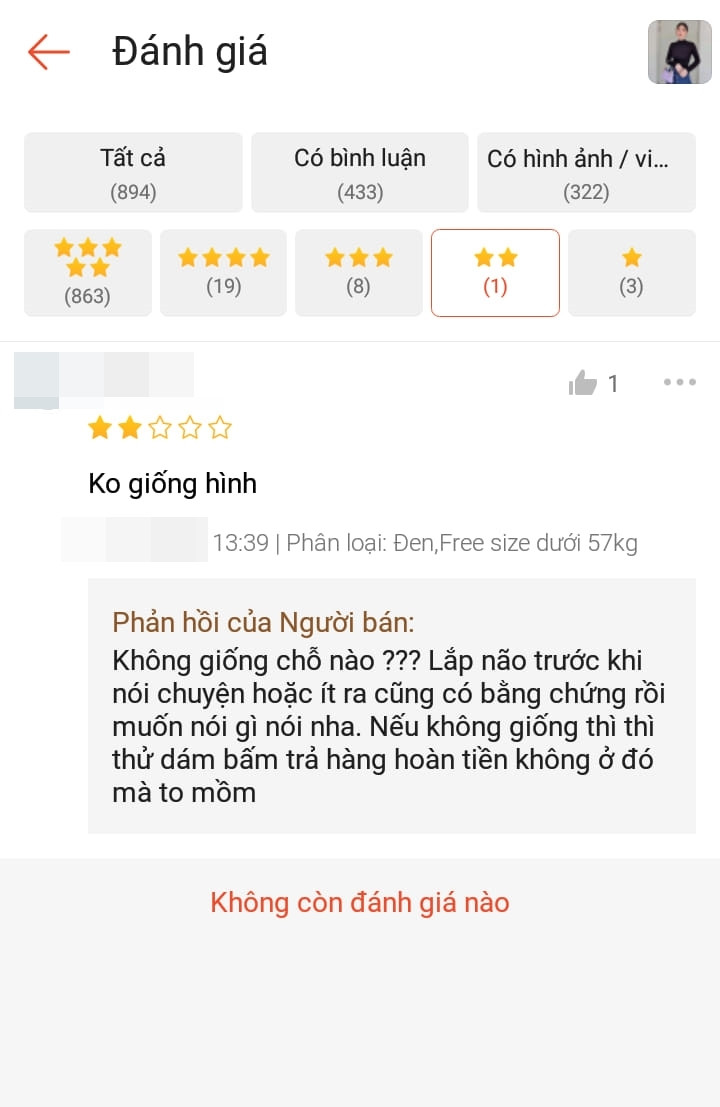 Thậm chí, có những đánh giá 4 sao nhưng người chủ shop này vẫn lên tiếng phân bua, đáp trả khách khá gắt khiến nhiều người phải lắc đầu.