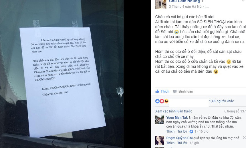 Thay vì phá hoại đồ hay vẽ bậy lên xe, chủ nhà đã viết lời nhắn lịch sự gửi tới chủ chiếc ôtô đỗ trước cửa nhà mình nhiều giờ liền.