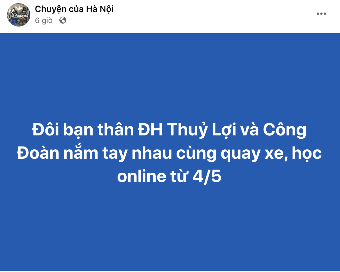 Đại học Thuỷ Lợi và Đại học Công Đoàn cũng đã đưa ra thông báo cho sinh viên học online từ 4/5. Ảnh: Chụp màn hình