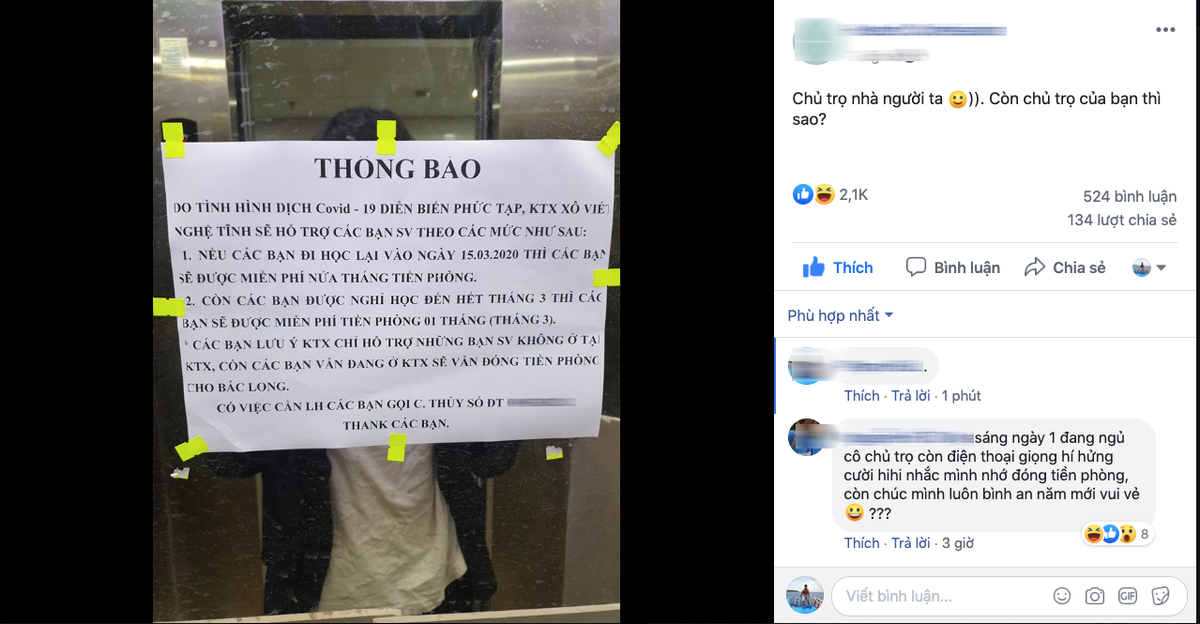 Hình ảnh về một thông báo giảm giá phòng trọ cho những sinh viên đang thuê tại đây nhận được nhiều bình luận tích cực.