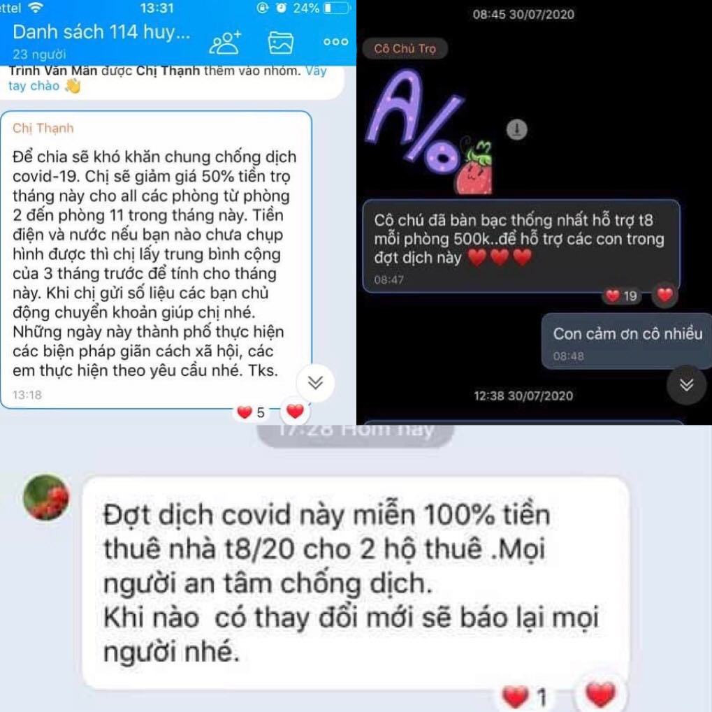 Chị Thanh, một chủ nhà trọ tại Đà Nẵng trước đây từng "đốn tim" netizen với thông báo giảm giá 50% tiền trọ cho các phòng trong đợt dịch. Chị còn nhắc nhở các bạn sinh viên thực hiện các biện pháp giãn cách xã hội để phòng, chống dịch bệnh.