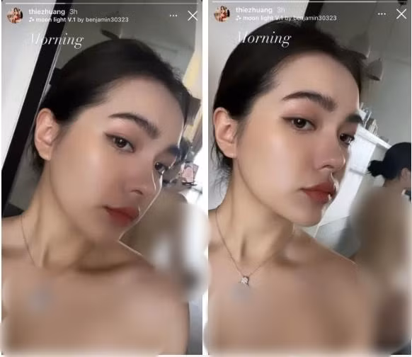 Trên story Instagram, Hồ Thiên Trang vừa khoe nhẹ clip quay cận cảnh gương mặt mình kèm caption đơn giản: "Morning (Chào buổi sáng)". Bên cạnh gương mặt xinh đẹp không tì vết, netizen còn "đỏ mặt" khi chứng kiến màn bán nude của cô nàng trước gương.