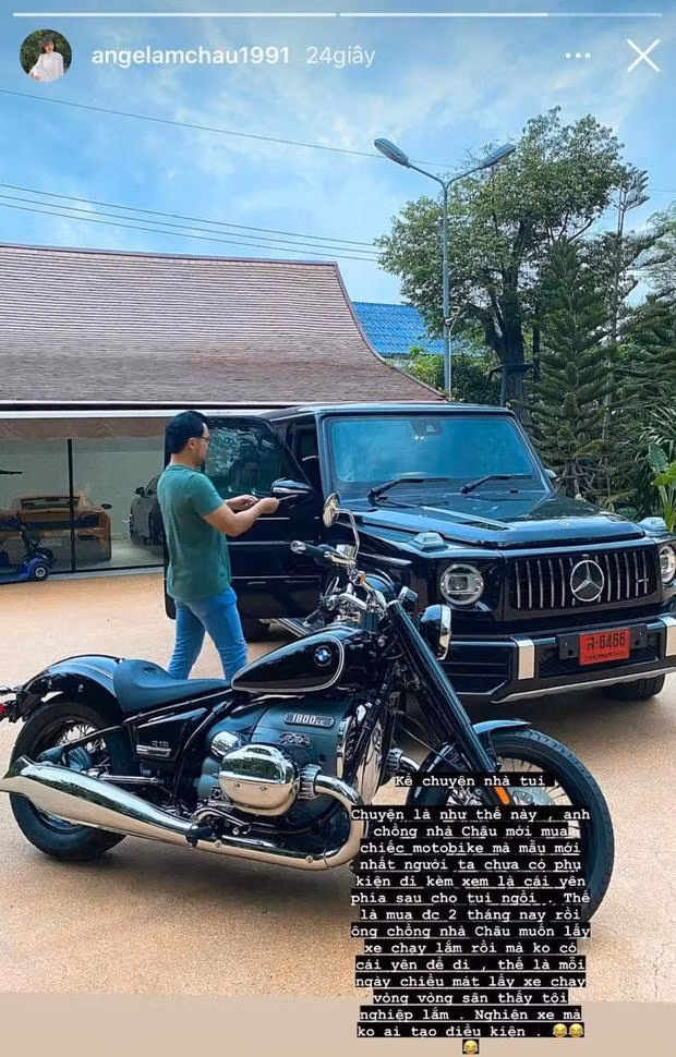 Mới đây, Angela Chu khiến netizen ngưỡng mộ khi khoe được ông xã cưng chiều như "bà hoàng". Cụ thể, cô đăng tải bức ảnh ông xã đứng giữa gara của gia đình cùng với chiếc xe mô tô mới tậu. Ngoài ra, cô còn kể chuyện chồng muốn chở vợ ra ngoài bằng xe mới nhưng chưa thể được vì xe còn thiếu phần yên sau.