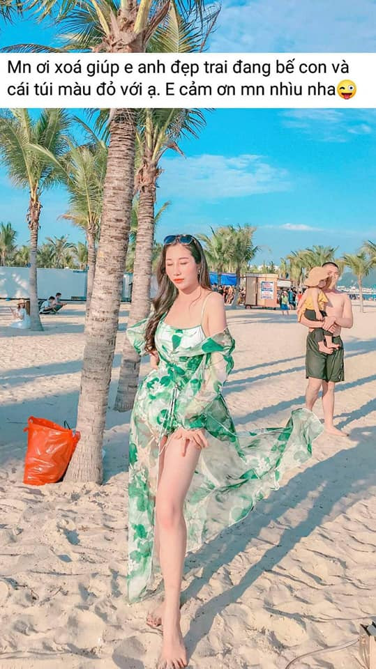 Mới đây, một cô gái đã nhờ dân mạng sửa ảnh rồi nhận về kết quả "hú hồn". Bức ảnh cô gái này tạo dáng vô cùng hút mắt trên bãi biển, tuy nhiên phía sau có một người đàn ông đang bế con và một chiếc túi đỏ của ai đó đặt dưới gốc cây dừa lại vô tình lọt vào khung hình của cô, và cô gái mong muốn cư dân mạng xóa đi hai chi tiết thừa này để bức ảnh của mình được trở nên hoàn hảo hơn.