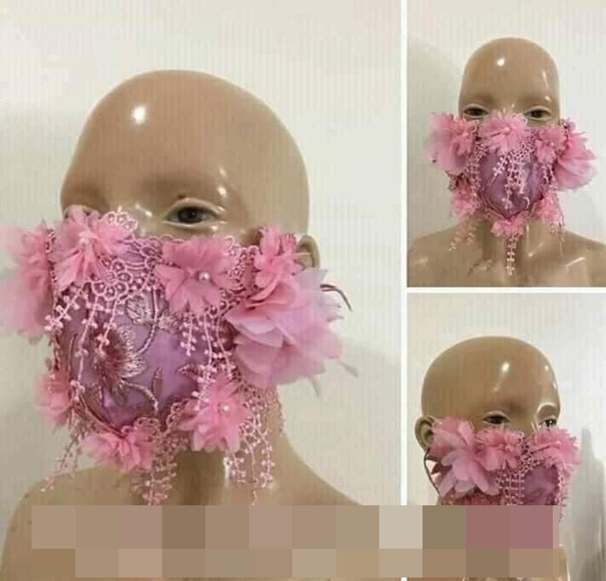 Khác với khẩu trang thông thường, khẩu trang dành riêng cho cô dâu được thiết kế nhiều màu sắc khác nhau, kết hợp hoa, lá và đính hạt vô cùng "độc".