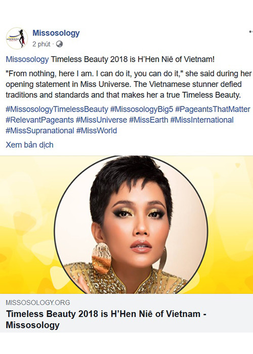 H’hen Niê là người đẹp Việt Nam đầu tiên giành chiến thắng giải “Timeless beauty - Vẻ đẹp vượt thời gian” của chuyên trang Missosology.