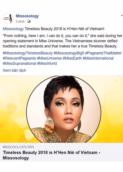 H’hen Niê là người đẹp Việt Nam đầu tiên giành chiến thắng giải “Timeless beauty - Vẻ đẹp vượt thời gian” của chuyên trang Missosology.