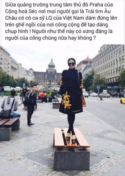 Từng là bạn thân của Hồ Ngọc Hà, Lệ Quyên cũng bị ném đá vì đứng trên ghế ngồi công cộng ở nước ngoài để chụp hình.