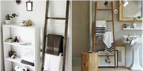 Một cái thang nhỏ để trang trí có thể được dùng làm giá treo khăn tắm, không nhất thiết phải đóng thêm đinh vào tường!