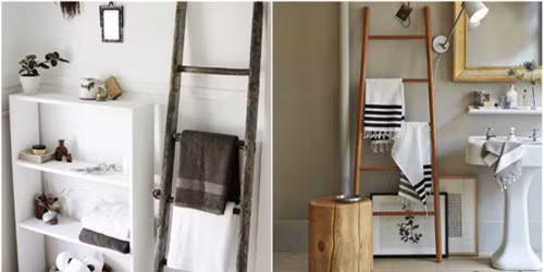 Một cái thang nhỏ để trang trí có thể được dùng làm giá treo khăn tắm, không nhất thiết phải đóng thêm đinh vào tường!