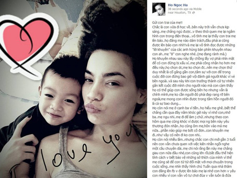 “Mẹ biết rằng từ khi có con mẹ biết đau hơn, khóc nhiều hơn, cười nhiều hơn và biết hôn sâu hơn. Mẹ cũng tập được cho mình sống nhẹ hơn, yêu đời hơn, học hỏi những điểm tốt của mọi người xung quanh và bỏ qua những phút "yếu" lòng của họ. Đâu cần phải trách ai đúng không con. Để dành thời gian đó mình tạo dáng xì tin thế này vui hơn con nhỉ. Con ra công viên chơi đi nhé. Mẹ sắp về rồi. Mẹ con mình lại ngồi xích đu xem ai đu cao hơn nhé. Mẹ nhớ con", nữ ca sĩ tâm sự.