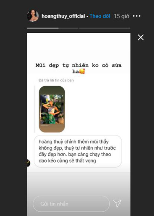 Hoàng Thùy lên tiếng khẳng định mũi của cô đẹp tự nhiên.