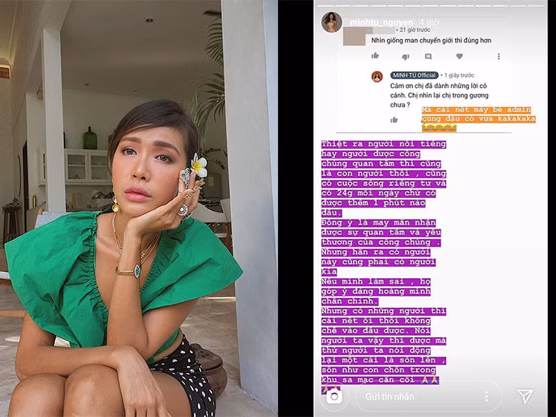 Mới đây, khi bị antifan chê “nhìn giống nam chuyển giới hơn”, siêu mẫu Minh Tú bức xúc đáp trả: "Thiệt ra người nổi tiếng hay người được công chúng quan tâm thì cũng là con người thôi. Họ có cuộc sống riêng tư và 24 giờ mỗi ngày, có được thêm một phút nào đâu. Đồng ý là may mắn nhận được sự quan tâm và yêu thương của công chúng. Nhưng có người này cũng có người kia. Nếu mình làm sai, họ góp ý đàng hoàng mình chấn chỉnh. Có những người mà cái nết ‘không chê vào đâu’ được”.