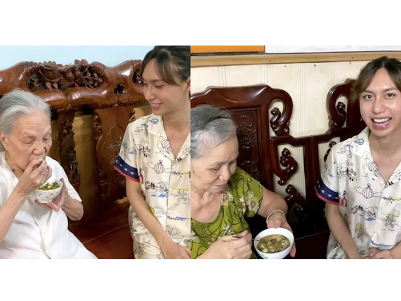 Hình ảnh nữ ca sĩ mặc đồ ở nhà, trang điểm nhẹ nhàng, nấu ăn cho mẹ và bà.