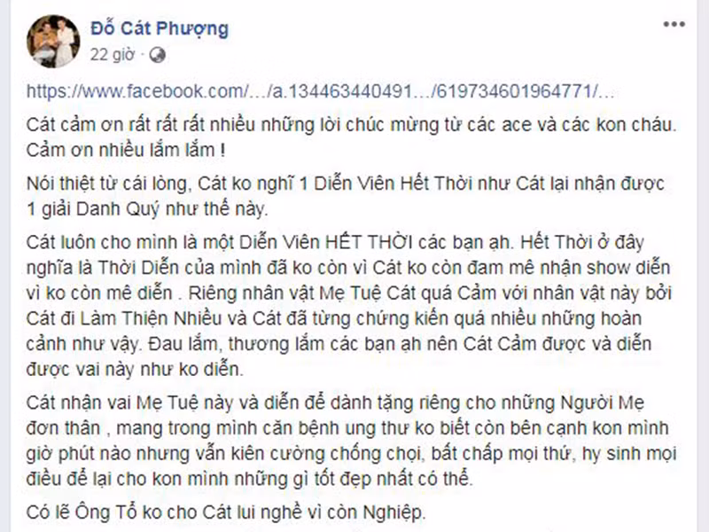 Trước tin đồn mua giải, Cát Phượng chia sẻ trên Zing: "Nếu có tiền thì tôi dành làm từ thiện giúp nhiều mảnh đời còn ý nghĩa". Bên cạnh đó, trên trang cá nhân, Cát Phượng cho hay, cô luôn tự nhận mình là diễn viên hết thời vì hết đam mê diễn. Riêng nhân vật mẹ Tuệ, cô lại diễn như không diễn vì cảm được.