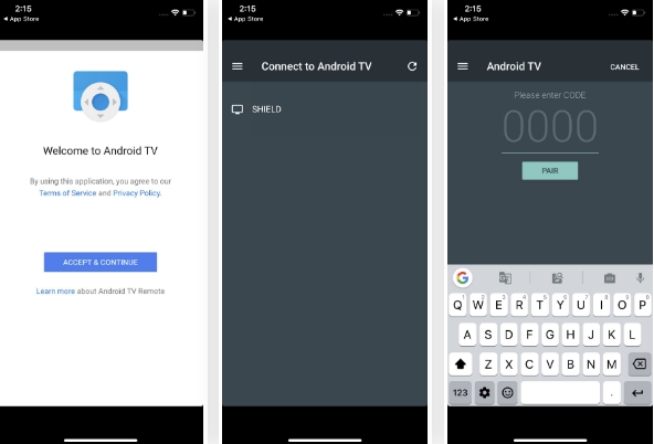 Kết nối điện thoại của bạn với cùng một Wi-Fi với thiết bị Android TV của bạn, mở ứng dụng và chọn "Chấp nhận &amp; Tiếp tục". Chọn TV hoặc hộp set-top từ danh sách và nhập mã PIN xuất hiện trên TV của bạn. Trên smartphone Android, bất cứ khi nào bạn nhập, bàn phím sẽ tự động xuất hiện. Tuy nhiên, trên iOS, bạn sẽ cần tiết lộ bàn phím theo cách thủ công bằng cách chọn biểu tượng bàn phím ở góc trên bên phải.