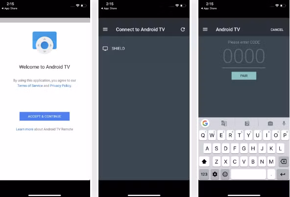 Kết nối điện thoại của bạn với cùng một Wi-Fi với thiết bị Android TV của bạn, mở ứng dụng và chọn "Chấp nhận &amp; Tiếp tục". Chọn TV hoặc hộp set-top từ danh sách và nhập mã PIN xuất hiện trên TV của bạn. Trên smartphone Android, bất cứ khi nào bạn nhập, bàn phím sẽ tự động xuất hiện. Tuy nhiên, trên iOS, bạn sẽ cần tiết lộ bàn phím theo cách thủ công bằng cách chọn biểu tượng bàn phím ở góc trên bên phải.