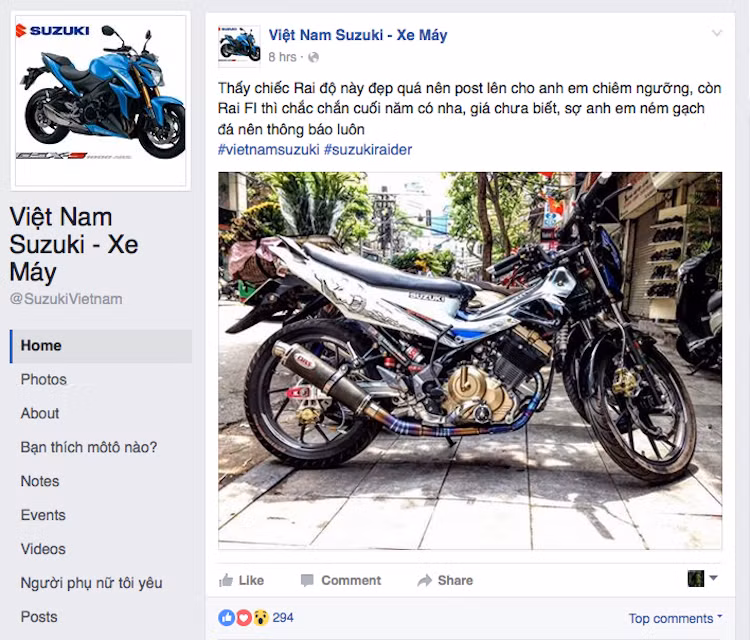 Vừa qua trên facebook chính thức của Suzuki Việt Nam, một quản trị viên của trang này đã đăng bức hình chụp một chiếc Raider độ, kèm theo lời khẳng định chắc chắn rằng Suzuki Raider 150 FI thế hệ mới sẽ được hãng tung ra vào cuối năm nay.