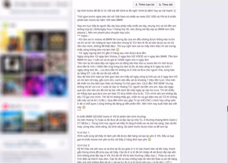 Tuy nhiên, trong tuần đầu tháng 7/2016 vừa qua, trên Facebook cá nhân của một người tự xưng là đã từng lắp ráp những chiếc BMW R1200 GS Iconic này tại TP HCM đã có bài viết "tố cáo" rằng cả 6 chiếc xe đặc biệt này đều là "hàng dựng" được "nâng đời" lên từ phiên bản thường ngay tại Việt Nam chứ không phải tại Đức.