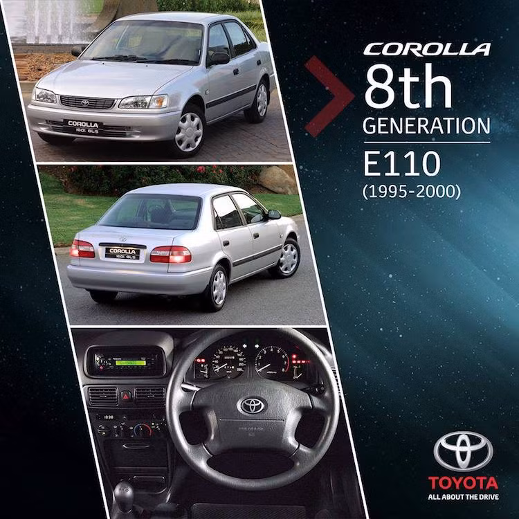 Lần đầu tiên Corolla được lắp ráp tại Việt Nam là vào thế hệ thứ 8 với tên mã E110, được sản xuất từ năm 1995 tới 2000. Thế hệ này cũng đánh dấu thời điểm Corolla chính thức vượt mặt vượt mặt Volkswagen Beetle để trở thành mẫu xe có tổng doanh số lớn nhất trong lịch sử - danh hiệu vẫn tiếp tục được giữ vững tới tận ngày nay.