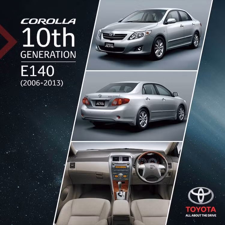 Tới thế hệ thứ 10, Toyota Corolla có tới 2 phiên bản thân xe khác nhau dành cho thị trường Nhật Bản và Thế giới. Trong đó, phiên bản ở Nhật với tên mã E140 được bán với tên gọi Corolla Axio có thân xe hẹp hơn so với bản quốc tế với tên mã E150.