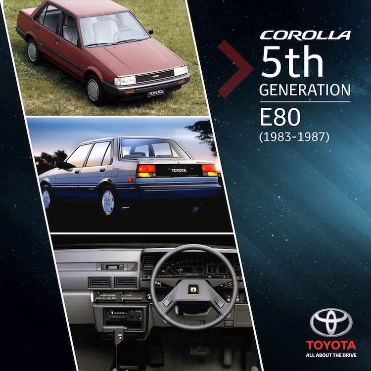 Kể từ thế hệ thứ 5 (1983-1987) tới nay, Corolla luôn dẫn động cầu trước với một số ít phiên bản dẫn động 4 bánh. Tuy nhiên, các phiên bản Corolla Sprinter Trueno hay Corolla Levin vẫn sử dụng cầu sau, và chúng thực sự là những phiên bản cầu sau cuối cùng của Corolla. Tùy chọn động cơ phun nhiên liệu cũng lần đầu tiên được cung cấp tại thị trường Thế giới.