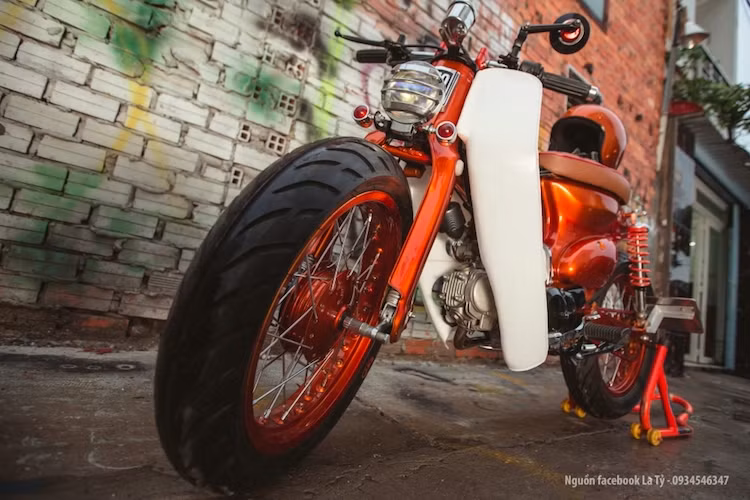 Ngoài ra, phần đầu của xe cũng được thay thế bằng ghi-đông trần và dời cụm đèn pha xuống bánh xe. Trong khi đó ở phía sau, dè zin của Cub đã được cắt gọn.