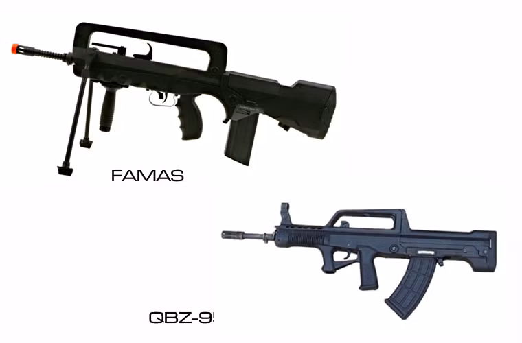  Súng trường tấn công FAMAS được thiết kế theo kiểu “bullpup” có nghĩa là toàn bộ bộ phận chuyển động, khóa nòng, hộp tiếp đạn đều nằm sau cò súng, sát báng súng. Thiết kế này giúp tiết kiệm khối lượng và trọng lượng của súng trong khi vẫn đảm bảo chiều dài của nòng súng theo yêu cầu.Thiết kế kiểu “Bullpup” làm tăng khả năng cơ động của súng, đặc biệt là trong các không gian chật hẹp, cải thiện đường đạn và tăng tầm bắn hiệu quả. Súng trường tấn công QBZ-95 của Trung Quốc được cho là lấy ý tưởng từ khẩu FAMAS.