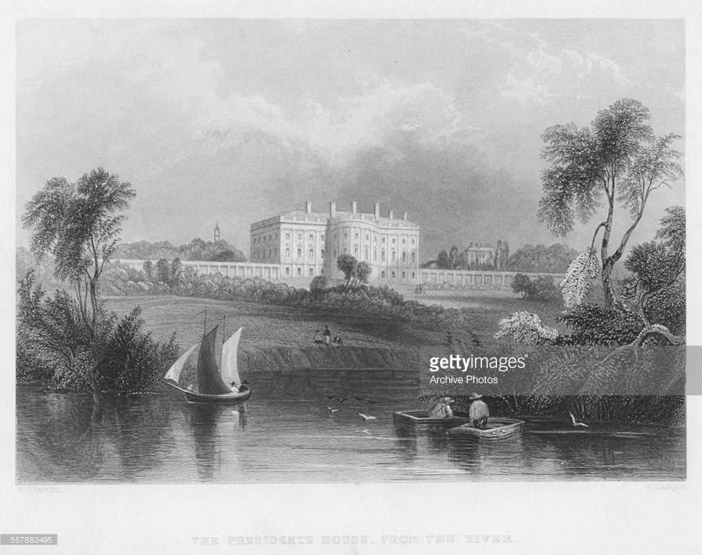 Bức tranh khắc cảnh Nhà Trắng nhìn từ sông Potomac, thập niên 1950.