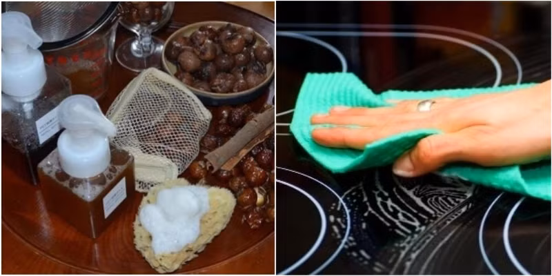  Nước lau bếp với bồ hòn: Ngâm khoảng 20 quả bồ hòn qua đêm trong 1 - 1,5 lít nước, sau đó đun sôi chúng cùng vài thanh quế, tiếp tục ninh nồi nước trong 45 phút. Hãm vỏ bưởi, cam hoặc chanh đã được cắt nhỏ trong 100ml nước sôi, đến khi phần nước dậy mùi thơm, bạn lọc lấy phần nước cho vào nồi bồ hòn và quế, bỏ phần cặn vỏ. Đun hỗn hợp nước thêm 10 phút, cuối cùng bạn lọc bỏ phần bã, giữ lại toàn bộ dung dịch nước, để nguội và chia ra các bình xịt sử dụng như nước lau bếp thông thường. Ngoài ra bồ hòn còn có thể làm nước rửa chén vừa làm sạch dầu mỡ lại còn an toàn cho sức khoẻ. Ảnh minh họa