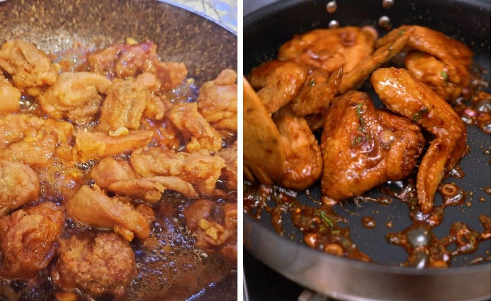 Trong chảo vừa chiên gà, nếu còn nhiều dầu, bạn dùng thìa vớt ra, để lại khoảng 1 muỗng canh. Bật bếp lửa vửa, cho gừng tỏi và hành tây (nếu có) vào phi thơm. Ảnh minh họa