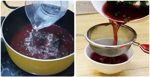 Tạo nước màu ngâm gạo: Màu tím: Lá cẩm rửa sạch. Cho lên bếp 1 lít nước đun sôi. Sau khi nước sôi thì thả lá cẩm vào. Để lửa nhỏ trong 15 phút cho lá tiết ra màu tím.