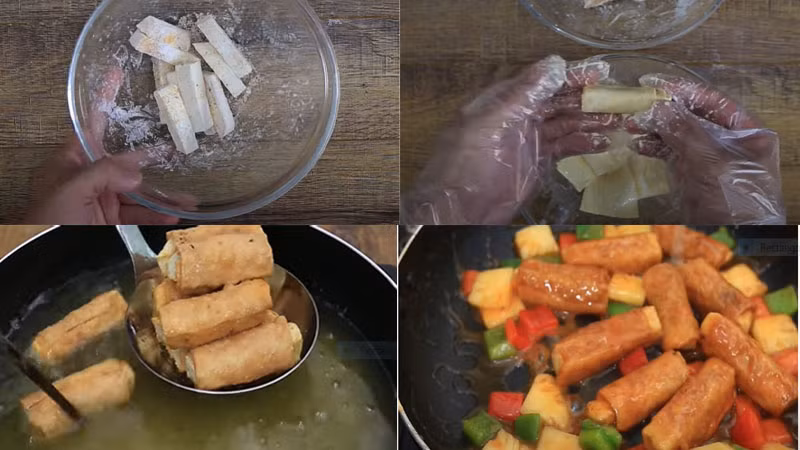  Sườn xào chua ngọt: Nguyên liệu: 200g váng đậu, 1 củ khoai môn, ớt chuông đỏ, ớt chuông xanh, Gia vị: ớt bột, dầu ăn, tương ớt, đường, hạt nêm chay, bột ngô. Ngâm váng đậu từ 7 - 10 phút. Khoai môn cắt thanh vừa ăn + 1/2 thìa cà phê ớt bột + 1/4 thìa cà phê tiêu + 1 thìa bột ngô trộn đều. Trộn 50g bột ngô + 1/2 thìa cà phê ớt bột + 1 thìa cà phê hạt nêm + 1/4 bát nước + váng đậu đã ngâm. Cuộn váng đậu với khoai môn lăn qua bột ngô rồi chiên giòn. Ớt chuông rửa sạch, bỏ ruột sau đó cắt hạt lựu. Bắc chảo lên bếp, trộn 50g tương cà + 20g tương ớt + một ít nước làm sốt, đảo đều đến khi sôi, cho thanh ván đậu cuộn khoai vào + ớt chuông + 2 thìa cà phê đường đảo đều rồi tắt bếp. Ảnh Internet 