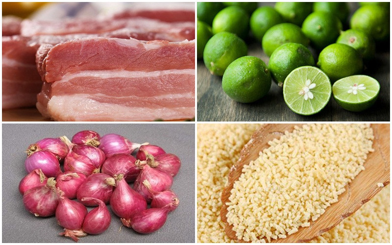  Làm thịt heo quay chảo giòn tan: Nguyên liệu chuẩn bị 1 kg thịt heo ba rọi, bột nếp, rượu, tỏi, chanh, gừng, hành tím, hành tây, ngũ vị hương, muối, tiêu, hạt nêm, nồi, tô, dĩa, chảo, bộ cối chày. Ảnh Internet