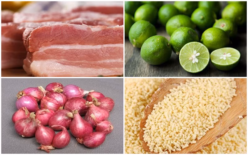  Làm thịt heo quay chảo giòn tan: Nguyên liệu chuẩn bị 1 kg thịt heo ba rọi, bột nếp, rượu, tỏi, chanh, gừng, hành tím, hành tây, ngũ vị hương, muối, tiêu, hạt nêm, nồi, tô, dĩa, chảo, bộ cối chày. Ảnh Internet