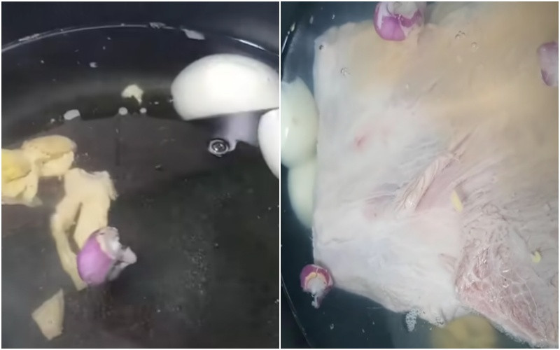  Luộc thịt: Bắc một cái nồi lên cho vào 2 lít nước tiếp đến cho thêm 2 muỗng canh rượu, gừng, hành tím, tỏi và hành tây, cho phần thịt heo đã sơ chế trước đó vào luộc trong 30 phút. Để kiểm tra thịt heo đã chín chưa dùng 1 chiếc đũa ấn vào thịt heo nếu thấy thịt mềm và không có lớp máu rỉ lên chứng tỏ phần thịt đã được luộc chín. Sau đó vớt thịt ra tô cho ráo nước và để nguội. Ảnh Internet