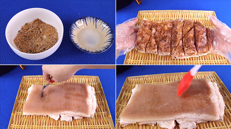 Cho vào chén nửa muỗng canh hạt nêm, nửa muỗng canh đường, nửa muỗng canh bột tỏi, nửa muỗng canh bột ngũ vị hương, nửa muỗng canh tiêu, nửa muỗng ớt bột và một thìa cafe muối, trộn đều các gia vị lên. Vắt chanh vào phần muối còn lại rồi khuấy đều. Ướp gia vị vào thịt. Chú ý quét thật đều vào từng khía để thịt ngấm đều gia vị. Lật ngược miếng thịt lại, dùng dĩa đâm để xôm phần da. Quét phần muối chanh lên trên bề mặt da rồi ướp khoảng 20 phút. Sau 20 phút, quét tiếp lớp thứ 2. Sau đó, bạn để da khô lại và tiếp tục ướp trong vòng 1 tiếng. Ảnh Internet