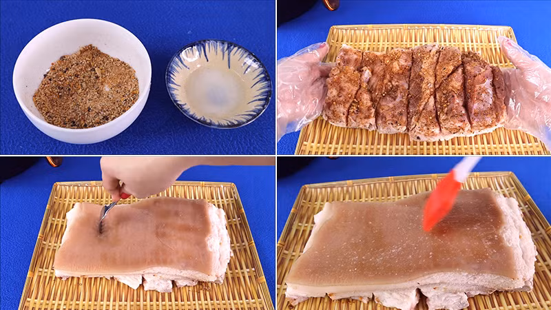 Cho vào chén nửa muỗng canh hạt nêm, nửa muỗng canh đường, nửa muỗng canh bột tỏi, nửa muỗng canh bột ngũ vị hương, nửa muỗng canh tiêu, nửa muỗng ớt bột và một thìa cafe muối, trộn đều các gia vị lên. Vắt chanh vào phần muối còn lại rồi khuấy đều. Ướp gia vị vào thịt. Chú ý quét thật đều vào từng khía để thịt ngấm đều gia vị. Lật ngược miếng thịt lại, dùng dĩa đâm để xôm phần da. Quét phần muối chanh lên trên bề mặt da rồi ướp khoảng 20 phút. Sau 20 phút, quét tiếp lớp thứ 2. Sau đó, bạn để da khô lại và tiếp tục ướp trong vòng 1 tiếng. Ảnh Internet