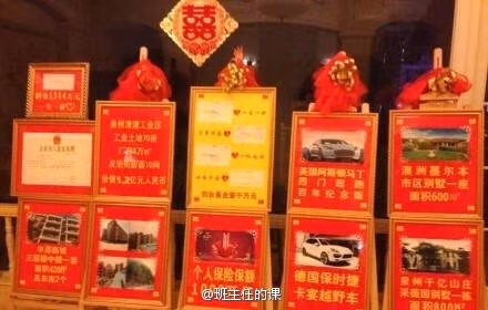 Đối với những tài sản không thể mang đến được thì người thân của cô dâu chú rể đã tặng theo hình thức chụp ảnh và giấy tờ. Như trong hình là những chiếc siêu xe cùng với giấy tờ nhà đất.