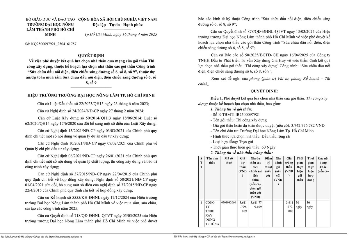 TP HCM: Cty Truong An Sai Gon tiep tuc trung thau tai DH Nong Lam