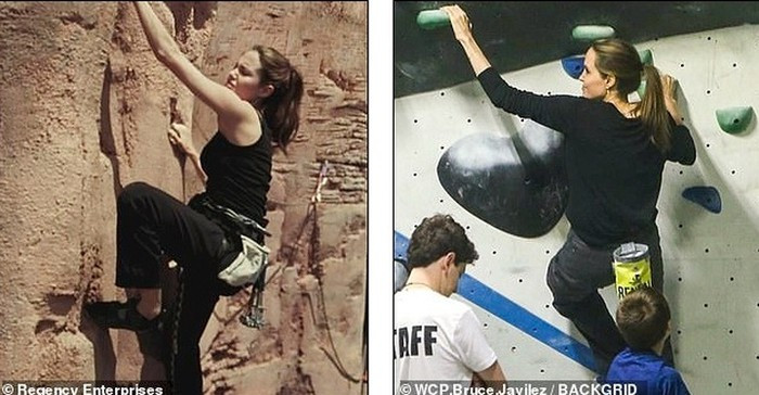 Nữ diễn viên 43 tuổi trổ tài leo núi không kém cạnh gì so với thời điểm cô đóng cảnh leo núi trong phim "Ông bà Smith" trước đây.