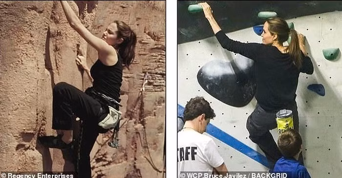 Nữ diễn viên 43 tuổi trổ tài leo núi không kém cạnh gì so với thời điểm cô đóng cảnh leo núi trong phim "Ông bà Smith" trước đây.