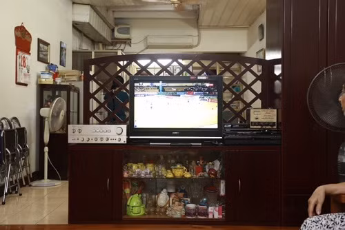 Vách gỗ đơn giản gắn với kệ để TV ngăn cách giữa phòng khách và một giường ngủ và bếp.