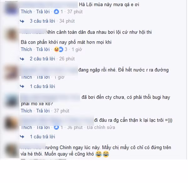 Bên cạnh đó, nhiều người còn cập nhật tình hình tại khu vực mình sinh sống với những dòng miêu tả hài hước: 'Hà Nội mùa này phố cũng như sông'; 'Hà Nội tổ chức giải bơi mở rộng'; 'Hà Nội quê em mùa nước lũ'....