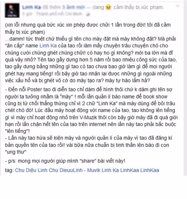 Mới đây, một nam DJ có nickname giống với Linh Ka bất ngờ chia sẻ trên Facebook cá nhân của mình một dòng cảm xúc, theo đó nam DJ này sẽ kiện hot girl 15 tuổi kể trên ra tòa bởi cái tên Linh Ka đã được anh đăng ký bản quyền làm nghệ danh sau 5 năm vun đắp cho nó.