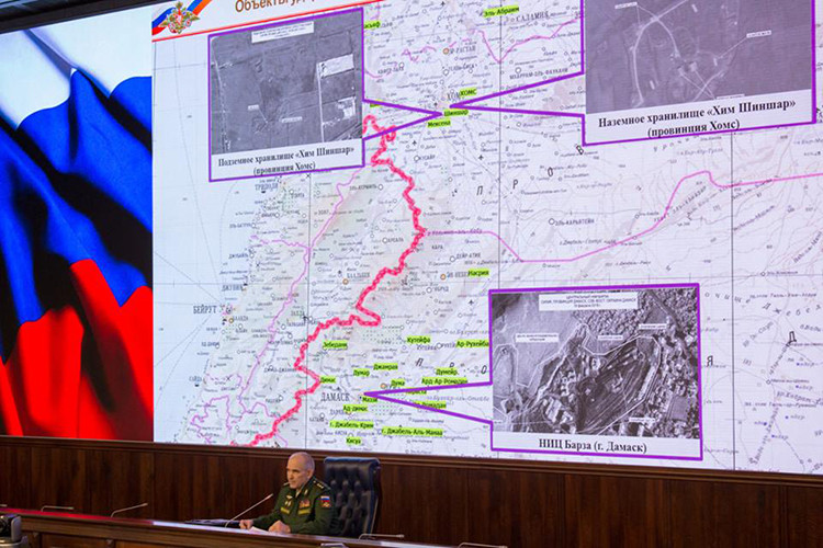 Theo đó trong cuộc họp báo hôm 25/4, Cục trưởng Cục tác chiến Bộ Tổng Tham mưu các lực lượng vũ trang Nga, Thượng tướng Sergei Rudskoy đã đưa ra các bằng chứng về việc phòng không Syria đánh chặn thành công phần lớn các tên lửa hành trình được liên quân Mỹ, Anh và Pháp sử dụng không kích Syria trong đêm 13/4 vừa qua. Nguồn ảnh: Ria.