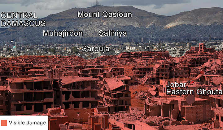 Khu vực Jobar ở vùng Đông Ghouta, nằm cách không xa trung tâm thủ đô Damascus của Syria. Quân đội Syria đã không ngại ngần bung sức mạnh để tái chiếm nơi này.