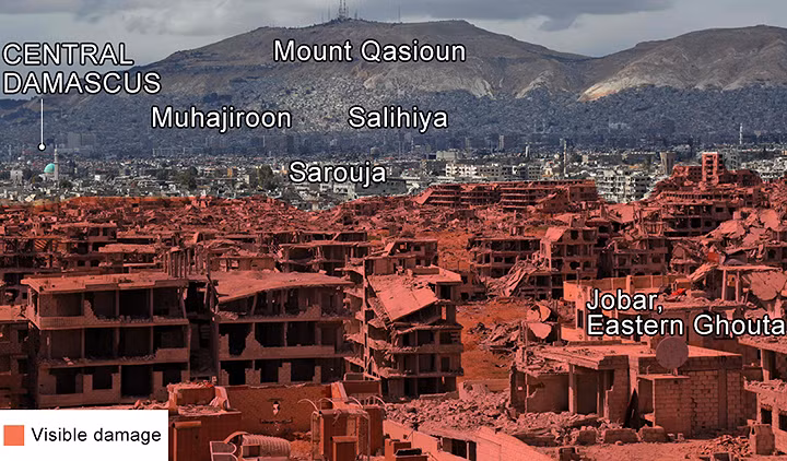 Khu vực Jobar ở vùng Đông Ghouta, nằm cách không xa trung tâm thủ đô Damascus của Syria. Quân đội Syria đã không ngại ngần bung sức mạnh để tái chiếm nơi này.